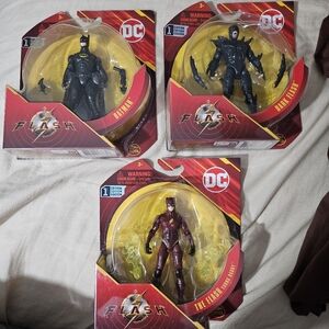 3 action figures, batman, flash, and dark‎ flash